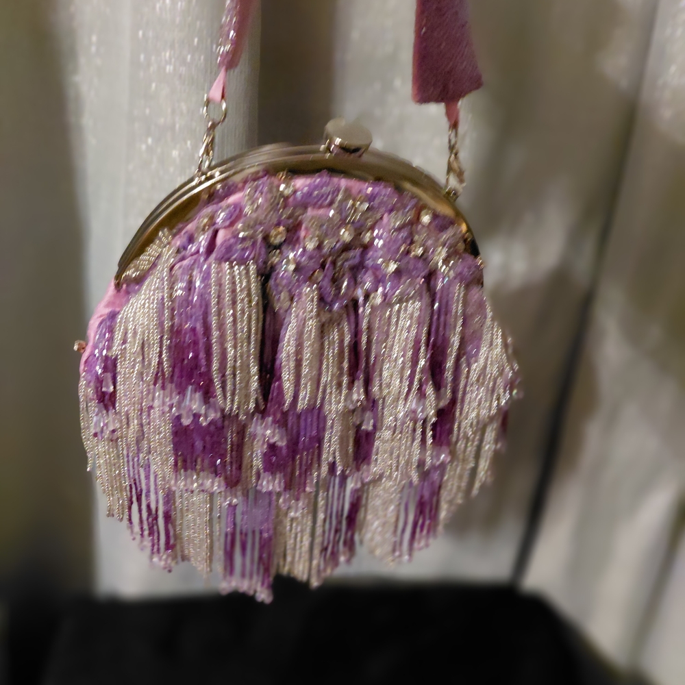 Purple Embroidered Clutch with Fringe Details